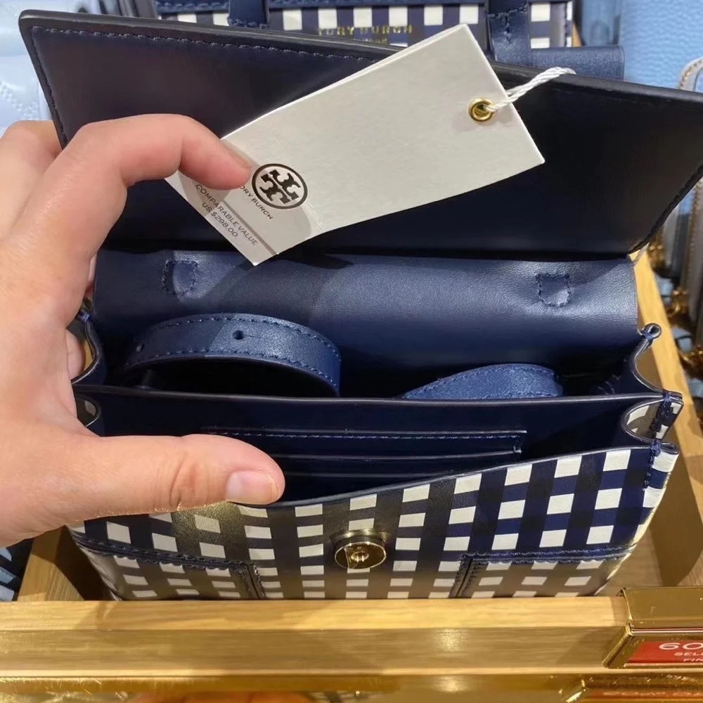 NWT Tory Burch Outlet Block-T Mini Satchel Royal Navy Check Pattern - Picture 3 of 6